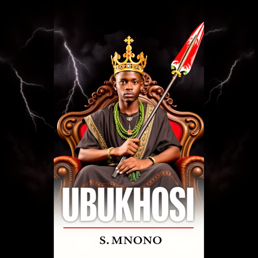 An eye-catching book cover titled 'UBUKHOSI' featuring a young man of African descent dressed in traditional Xhosa attire, seated confidently on an ornate throne chair