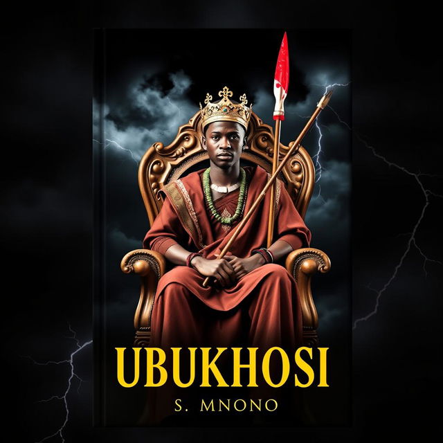 An eye-catching book cover titled 'UBUKHOSI' featuring a young man of African descent dressed in traditional Xhosa attire, seated confidently on an ornate throne chair