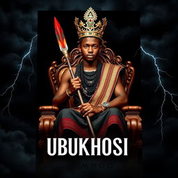 An eye-catching book cover titled 'UBUKHOSI' featuring a young man of African descent dressed in traditional Xhosa attire, seated confidently on an ornate throne chair
