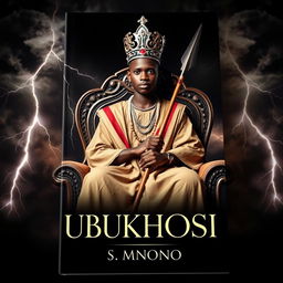 An eye-catching book cover titled 'UBUKHOSI' featuring a young man of African descent dressed in traditional Xhosa attire, seated confidently on an ornate throne chair