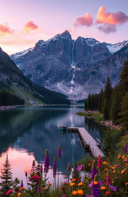 A majestic landscape featuring a serene mountain lake surrounded by lush green pine forests