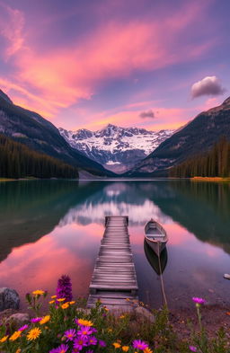 A majestic landscape featuring a serene mountain lake surrounded by lush green pine forests