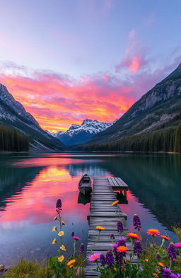 A majestic landscape featuring a serene mountain lake surrounded by lush green pine forests