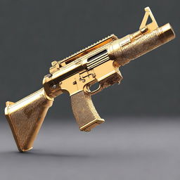 An M16 rifle masterfully created from gleaming gold and dazzling diamonds, reflecting a mixture of grandeur and ferocity.