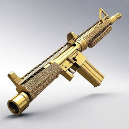 An M16 rifle masterfully created from gleaming gold and dazzling diamonds, reflecting a mixture of grandeur and ferocity.