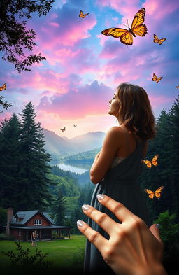 A contemplative woman standing at the edge of a lush forest, gazing thoughtfully towards a picturesque dreamlike landscape filled with vibrant colors, symbolizing her dreams
