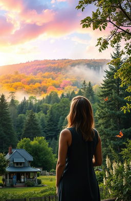 A contemplative woman standing at the edge of a lush forest, gazing thoughtfully towards a picturesque dreamlike landscape filled with vibrant colors, symbolizing her dreams