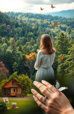A contemplative woman standing at the edge of a lush forest, gazing thoughtfully towards a picturesque dreamlike landscape filled with vibrant colors, symbolizing her dreams