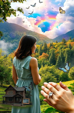 A contemplative woman standing at the edge of a lush forest, gazing thoughtfully towards a picturesque dreamlike landscape filled with vibrant colors, symbolizing her dreams