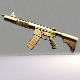 An M16 rifle masterfully created from gleaming gold and dazzling diamonds, reflecting a mixture of grandeur and ferocity.