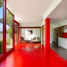 A spacious home with vibrant red flooring, light-filled rooms and modern furniture