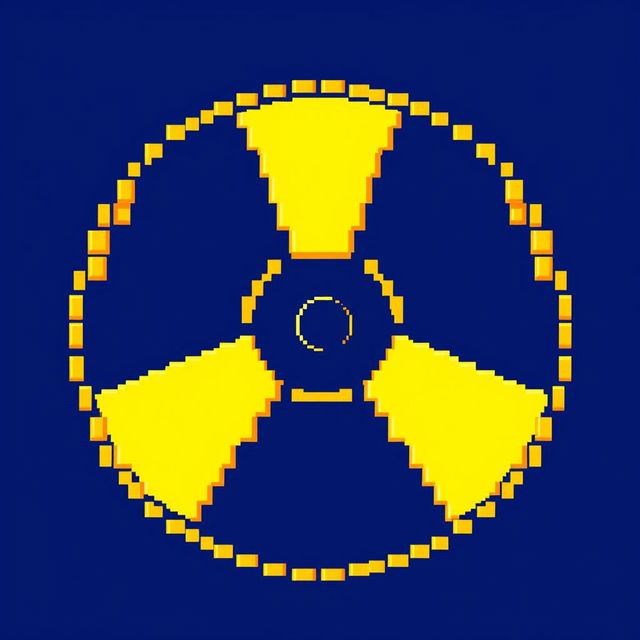 A vibrant pixel art representation of a radiation symbol, featuring the iconic three blades radiating from a central circle