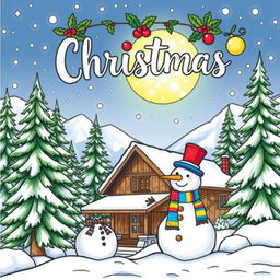 A festive and cheerful Christmas-themed coloring book cover, featuring a cozy winter scene with a snow-covered cabin surrounded by tall pine trees