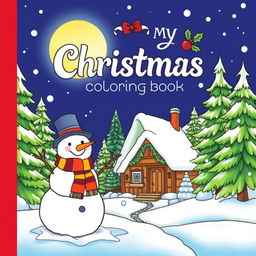 A festive and cheerful Christmas-themed coloring book cover, featuring a cozy winter scene with a snow-covered cabin surrounded by tall pine trees