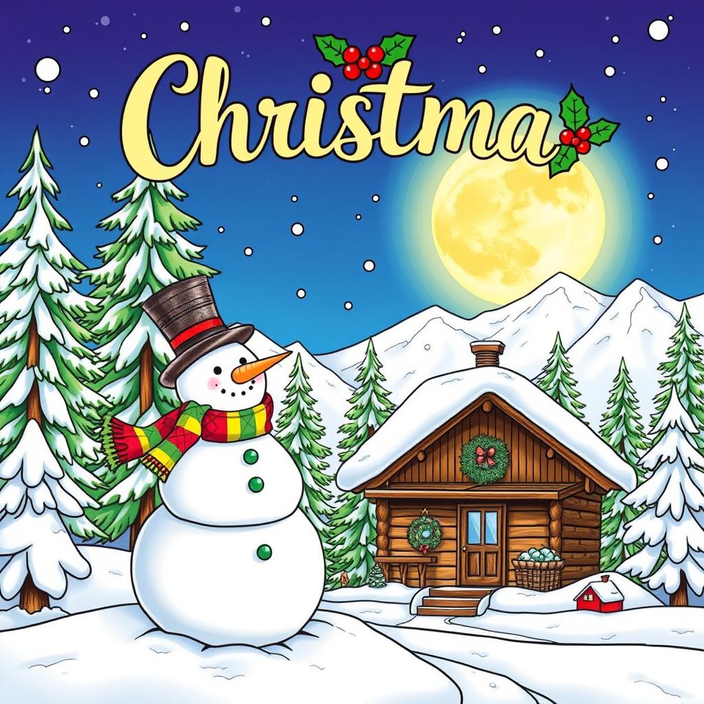 A festive and cheerful Christmas-themed coloring book cover, featuring a cozy winter scene with a snow-covered cabin surrounded by tall pine trees