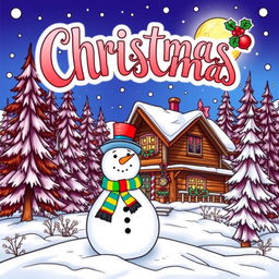 A festive and cheerful Christmas-themed coloring book cover, featuring a cozy winter scene with a snow-covered cabin surrounded by tall pine trees