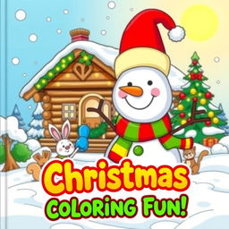 A vibrant and joyful book cover for a children's Christmas coloring book, featuring a whimsical winter scene