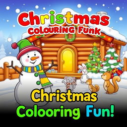 A vibrant and joyful book cover for a children's Christmas coloring book, featuring a whimsical winter scene