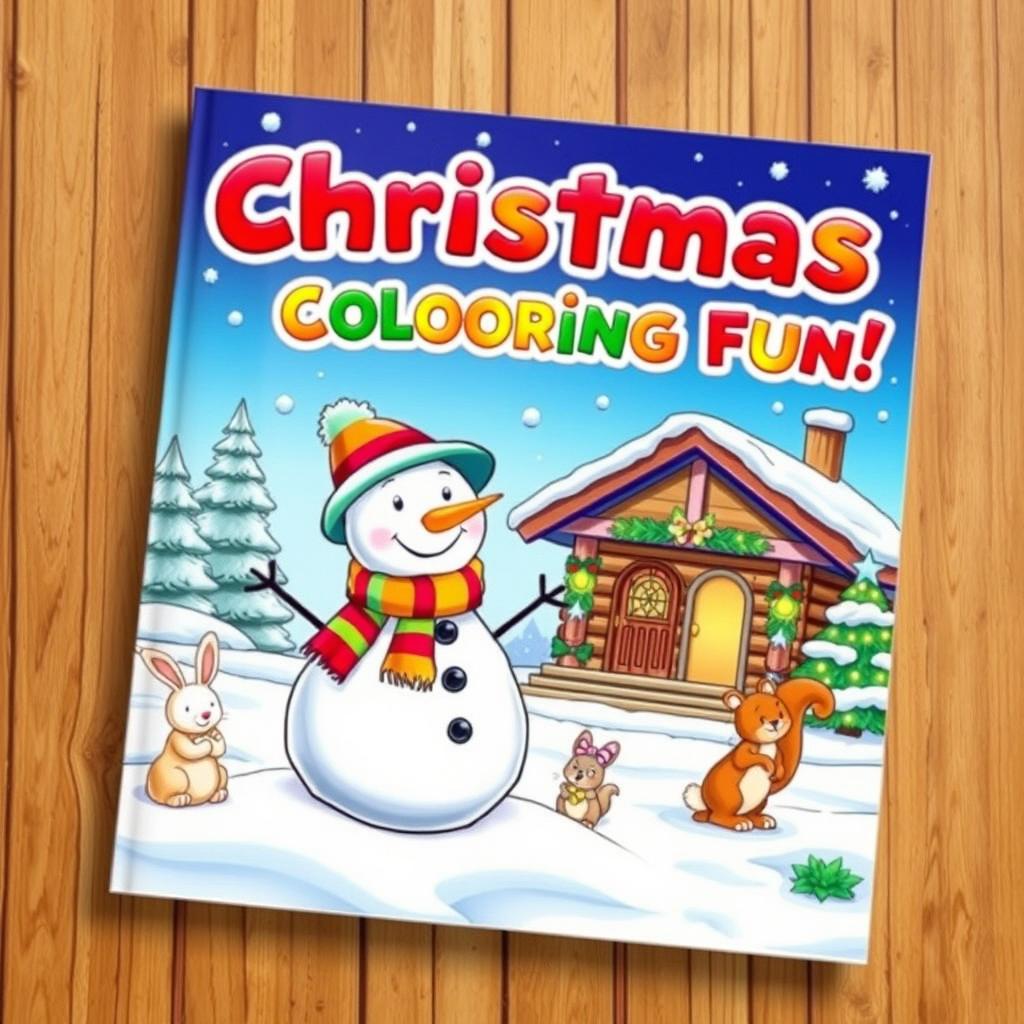 A vibrant and joyful book cover for a children's Christmas coloring book, featuring a whimsical winter scene