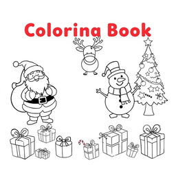 A collection of fun and festive black and white line art illustrations for a Christmas-themed coloring book designed for kids