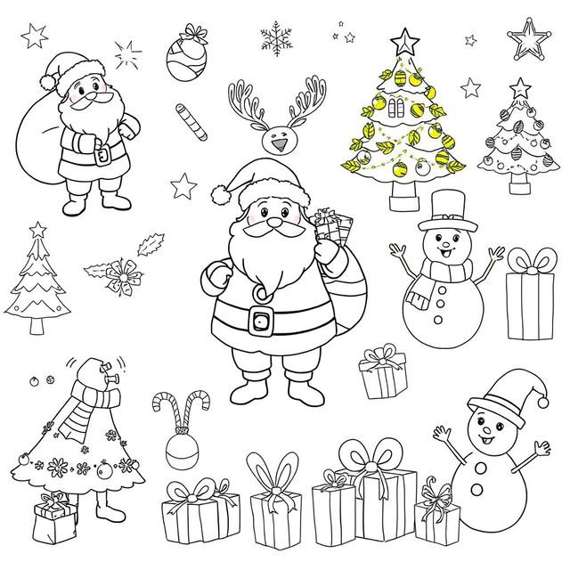 A collection of fun and festive black and white line art illustrations for a Christmas-themed coloring book designed for kids