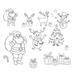 A collection of fun and festive black and white line art illustrations for a Christmas-themed coloring book designed for kids