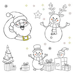 A collection of fun and festive black and white line art illustrations for a Christmas-themed coloring book designed for kids