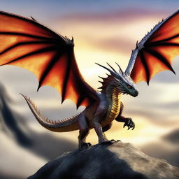 A majestic dragon soaring the skies, its scales glinting in the sunlight, its wings spread wide in a display of grace and power