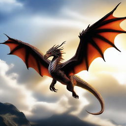 A majestic dragon soaring the skies, its scales glinting in the sunlight, its wings spread wide in a display of grace and power