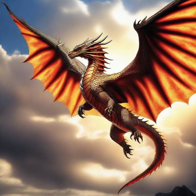 A majestic dragon soaring the skies, its scales glinting in the sunlight, its wings spread wide in a display of grace and power