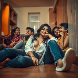 A sultry Indian college girl lying on the floor of a hostel, leaning against the wall, surrounded by her college friends