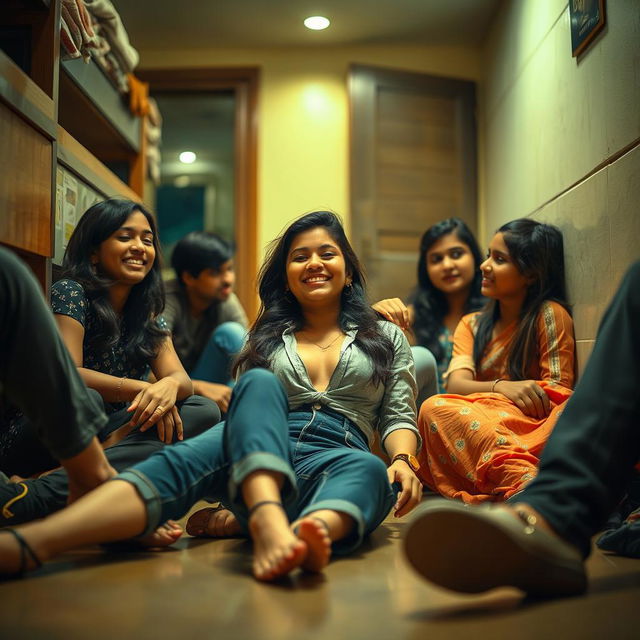 A sultry Indian college girl lying on the floor of a hostel, leaning against the wall, surrounded by her college friends