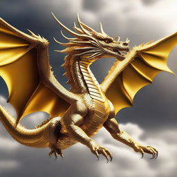 A magnificent golden dragon, gliding through the sky, its scales shimmering and radiating an aura of resplendent elegance.