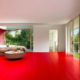 A spacious home with vibrant red flooring, light-filled rooms and modern furniture