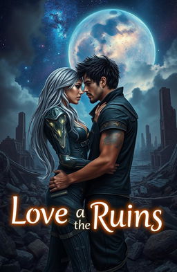 A sci-fi romance scene depicting a couple in a post-apocalyptic setting, surrounded by ruins of a once-thriving city