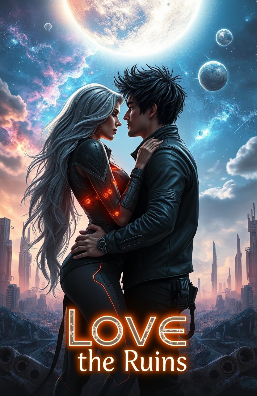 A sci-fi romance scene depicting a couple in a post-apocalyptic setting, surrounded by ruins of a once-thriving city