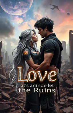 A sci-fi romance scene depicting a couple in a post-apocalyptic setting, surrounded by ruins of a once-thriving city