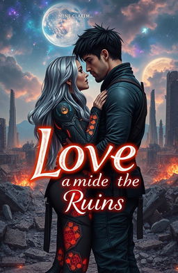A sci-fi romance scene depicting a couple in a post-apocalyptic setting, surrounded by ruins of a once-thriving city