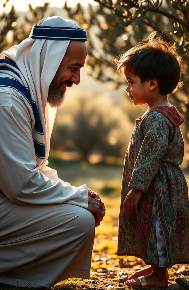 A poignant scene depicting an emotional connection between an Israeli Jewish man and a Palestinian child