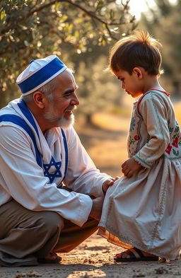 A poignant scene depicting an emotional connection between an Israeli Jewish man and a Palestinian child