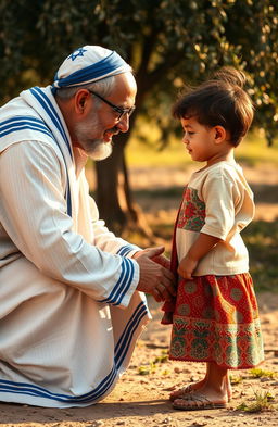 A poignant scene depicting an emotional connection between an Israeli Jewish man and a Palestinian child