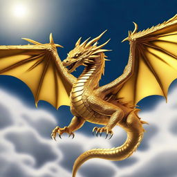 A magnificent golden dragon, gliding through the sky, its scales shimmering and radiating an aura of resplendent elegance.