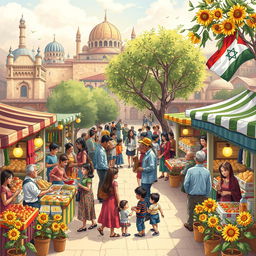 A detailed and vibrant illustration depicting a peaceful and harmonious scene that celebrates cultural exchange between Israeli and Palestinian communities