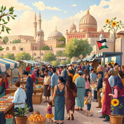 A detailed and vibrant illustration depicting a peaceful and harmonious scene that celebrates cultural exchange between Israeli and Palestinian communities
