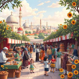 A detailed and vibrant illustration depicting a peaceful and harmonious scene that celebrates cultural exchange between Israeli and Palestinian communities