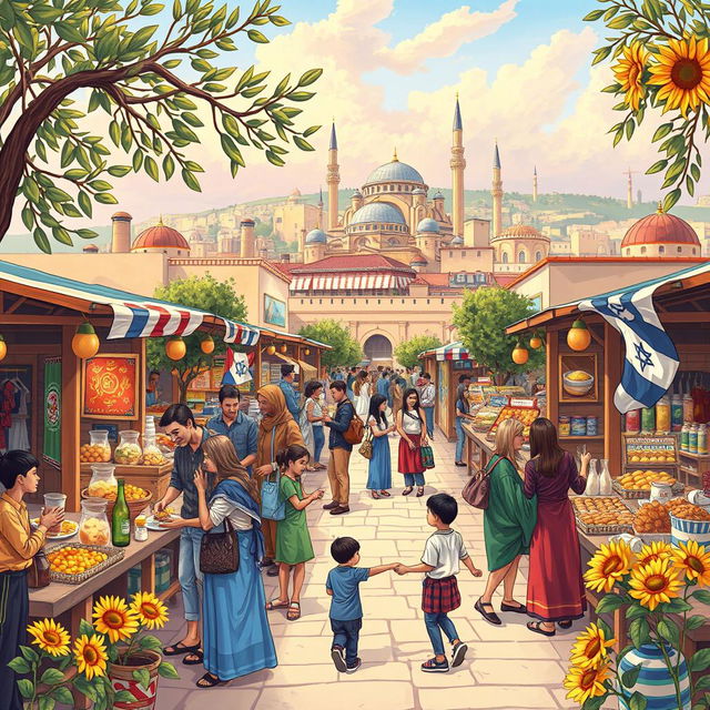 A detailed and vibrant illustration depicting a peaceful and harmonious scene that celebrates cultural exchange between Israeli and Palestinian communities