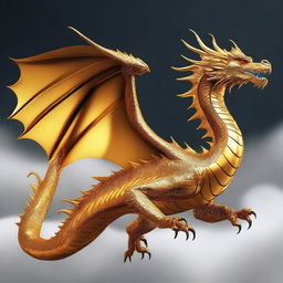 A magnificent golden dragon, gliding through the sky, its scales shimmering and radiating an aura of resplendent elegance.