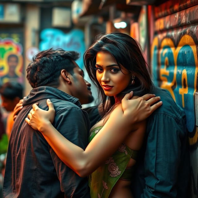 A sultry Indian woman in a passionate embrace with multiple men in a vibrant, urban slum setting