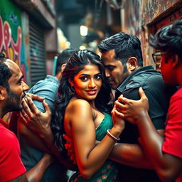 A sultry Indian woman in a passionate embrace with multiple men in a vibrant, urban slum setting