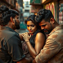A sultry Indian woman in a passionate embrace with multiple men in a vibrant, urban slum setting